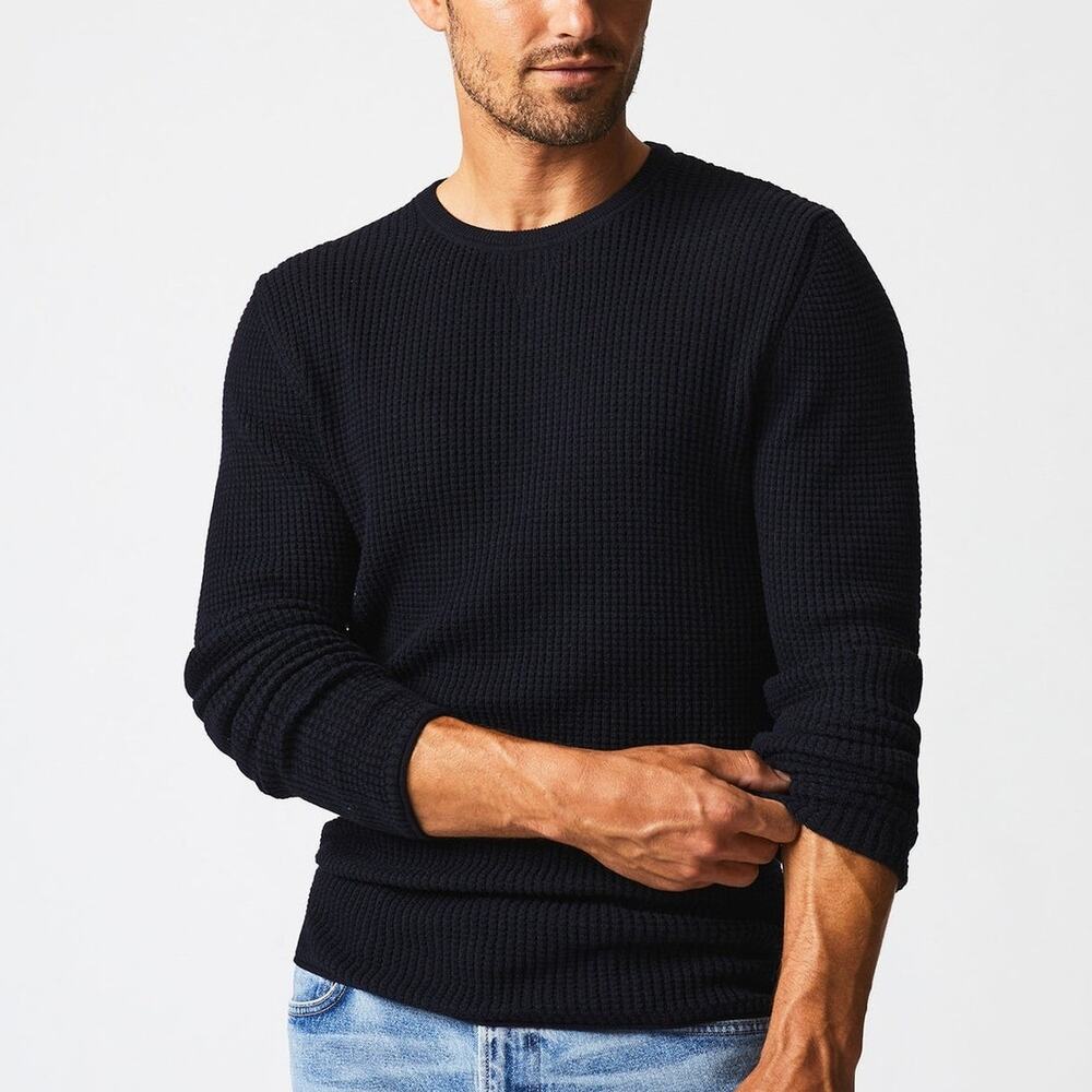 Billy Reid (L) Black Cotton Cashmere Mini Waffle Knit Crewneck Sweater Luxury